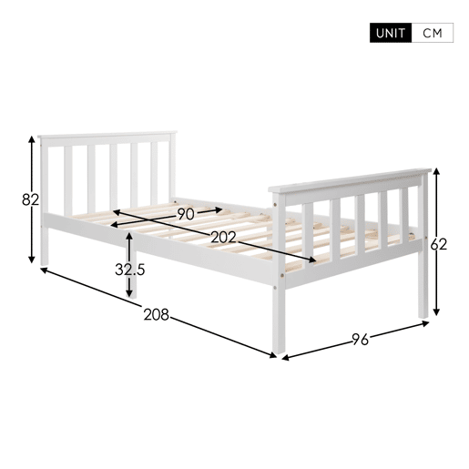 Cama de solteiro de madeira de pinho 90x200cm,branco