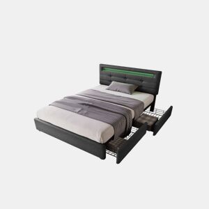 Cama de solteiro de linho 90x200cm com luz LED e 2 gavetas,cinzento