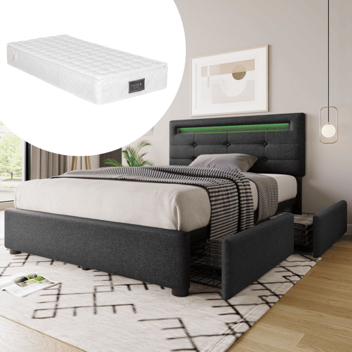 Cama de solteiro de linho 90x200cm com luz LED e 2 gavetas,cinzento
