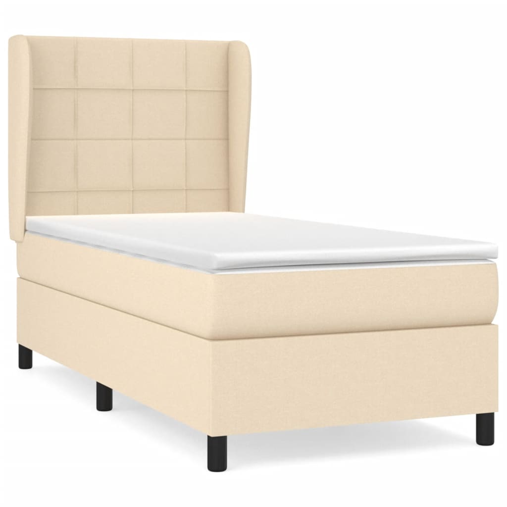 Cama box spring con colchón tela color crema 90x200 cm bloques con cuadros