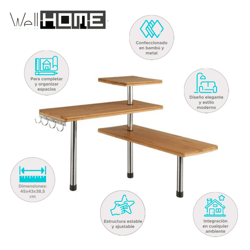 WELL HOME - Prateleira de canto em bambu para cozinha, compacta e elegante 45x43x38,5cm