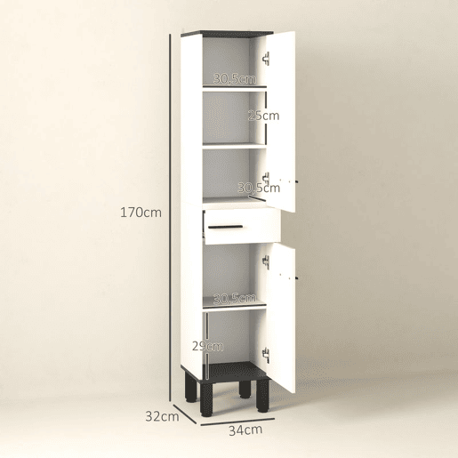 HOMCOM Coluna de Casa de Banho Armário Alto com Gaveta, 2 Portas e Prateleiras Ajustáveis, Móvel Auxiliar Moderno com Sistema Anti-tombamento 34x32x170 cm Branco