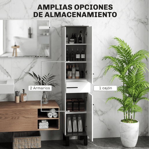 HOMCOM Coluna de Casa de Banho Armário Alto com Gaveta, 2 Portas e Prateleiras Ajustáveis, Móvel Auxiliar Moderno com Sistema Anti-tombamento 34x32x170 cm Branco