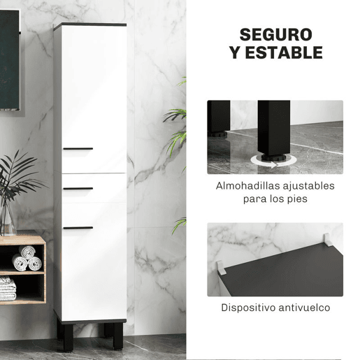 HOMCOM Coluna de Casa de Banho Armário Alto com Gaveta, 2 Portas e Prateleiras Ajustáveis, Móvel Auxiliar Moderno com Sistema Anti-tombamento 34x32x170 cm Branco