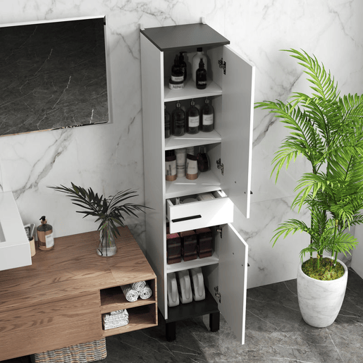 HOMCOM Coluna de Casa de Banho Armário Alto com Gaveta, 2 Portas e Prateleiras Ajustáveis, Móvel Auxiliar Moderno com Sistema Anti-tombamento 34x32x170 cm Branco
