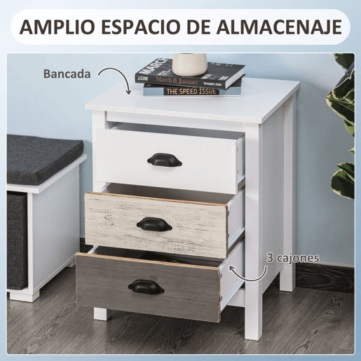 HOMCOM Mesa de Cabeceira Moderna Mesa de Cabeceira com 3 Gavetas Mesa de Cabeceira para Dormitório Sala de Estar 50x38x65 cm Branco
