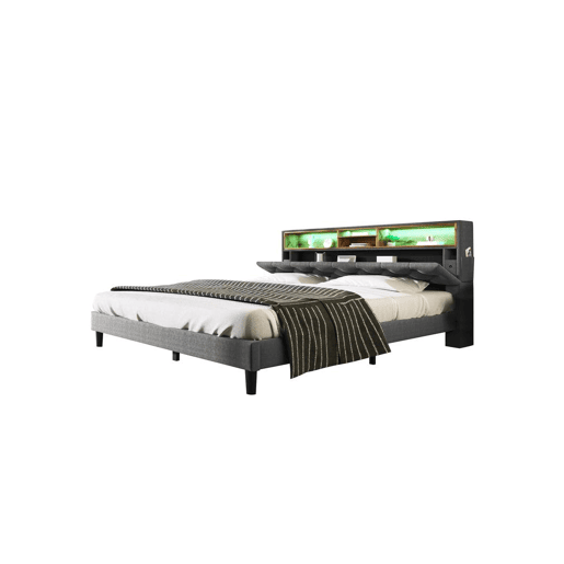 Cama de casal de madeira maciça 140x200cm com luz LED,cinzento Cama de casal de madeira maciça 140x200cm com luz LED,cinzento