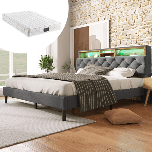 Cama de casal de madeira maciça 140x200cm com luz LED,cinzento Cama de casal de madeira maciça 140x200cm com luz LED,cinzento