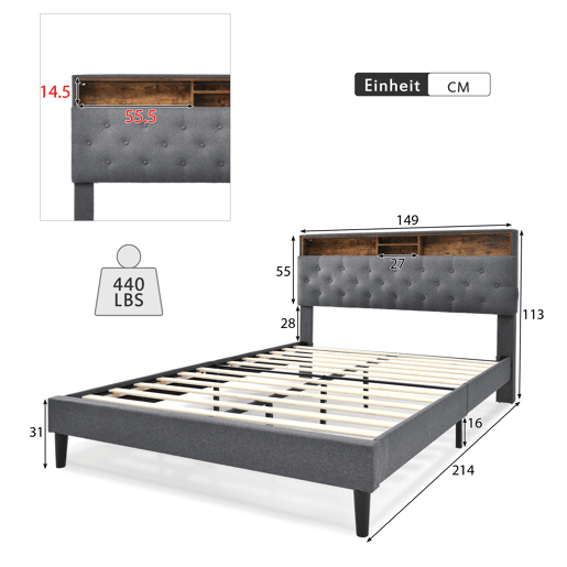 Cama de casal de madeira maciça 140x200cm com luz LED,cinzento Cama de casal de madeira maciça 140x200cm com luz LED,cinzento