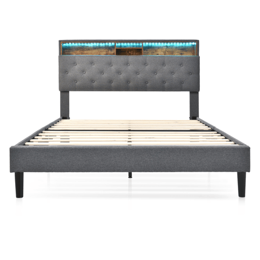 Cama de casal de madeira maciça 140x200cm com luz LED,cinzento Cama de casal de madeira maciça 140x200cm com luz LED,cinzento