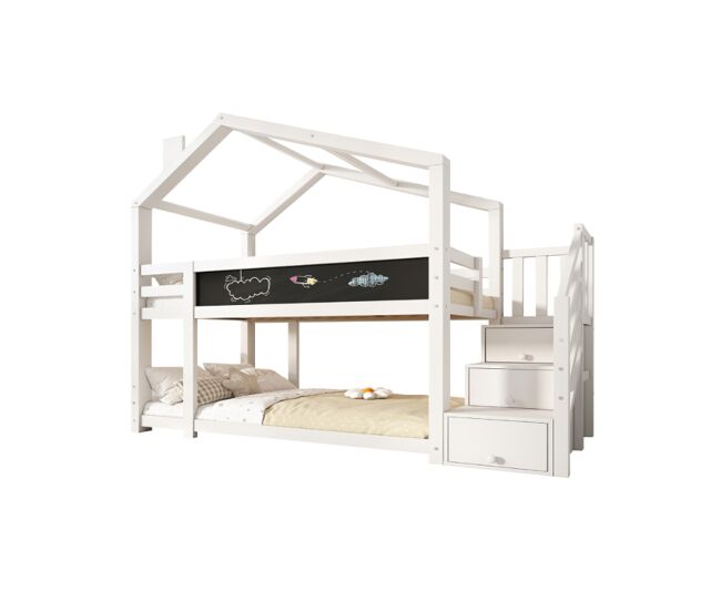 Litera cabaña infantil de panel de partículas 90x200cm con pizarra,chimenea,escalera con almacenaje y protección contra caídas,blanco