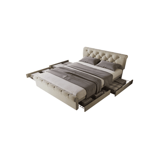Cama de casal de linho 140x200cm com 4 gavetas,natural
