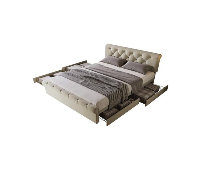 Cama de matrimonio de lino 140x200cm con 4 cajones,natural