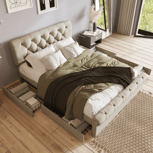 Cama de casal de linho 140x200cm com 4 gavetas,natural