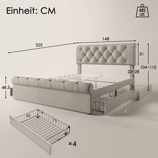 Cama de casal de linho 140x200cm com 4 gavetas,natural