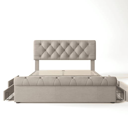Cama de casal de linho 140x200cm com 4 gavetas,natural