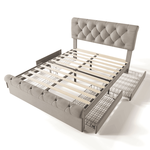 Cama de casal de linho 140x200cm com 4 gavetas,natural