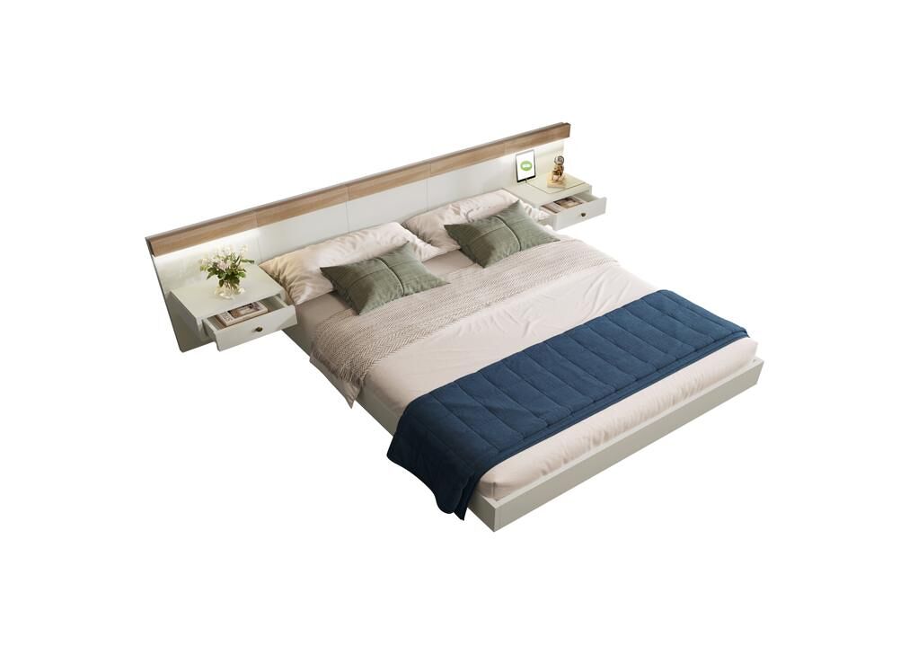 cama de matrimonio de madera maciza 160x200cm con luz ledblancocolor madera