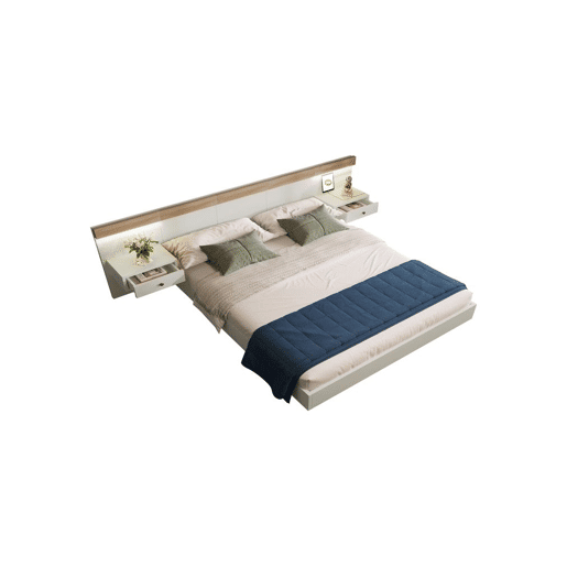 Cama de casal de madeira maciça 160x200cm com luz lED,branco+madeira