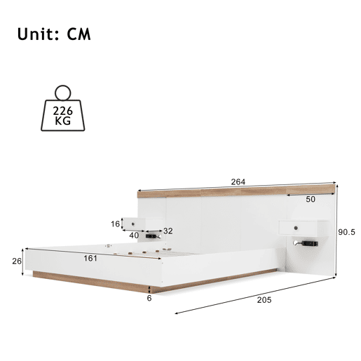 Cama de casal de madeira maciça 160x200cm com luz lED,branco+madeira