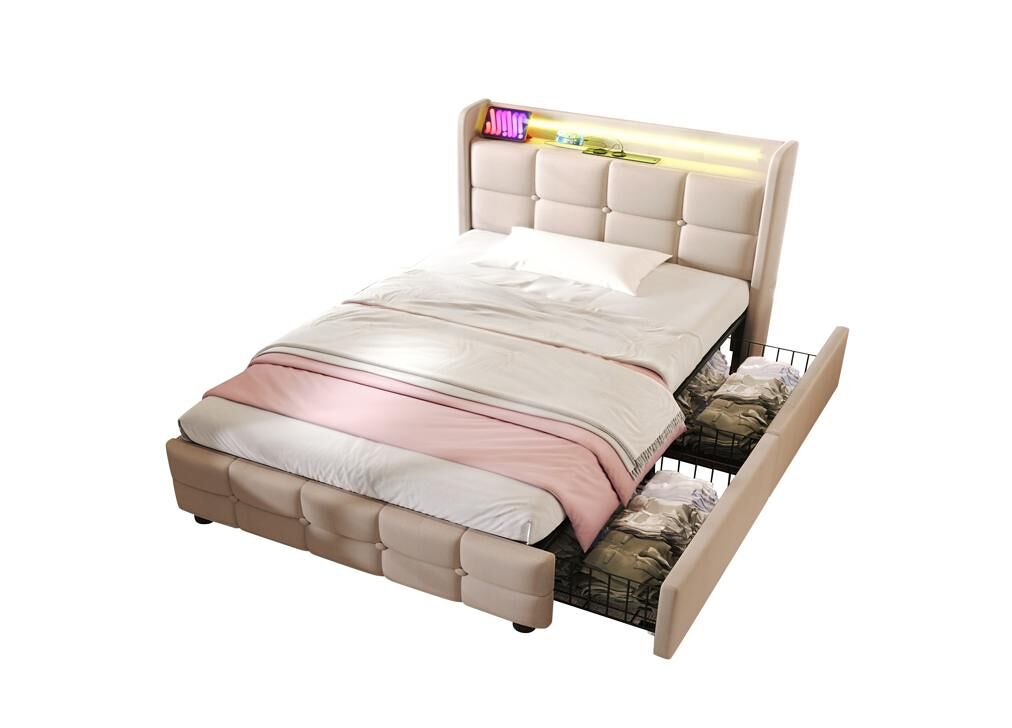 Cama individual de lino 90x200cm con luz led y 2 cajones,beige