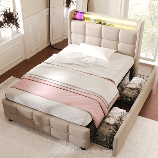 Cama de solteiro de linho 90x200cm com luz LED e 2 gavetas,bege