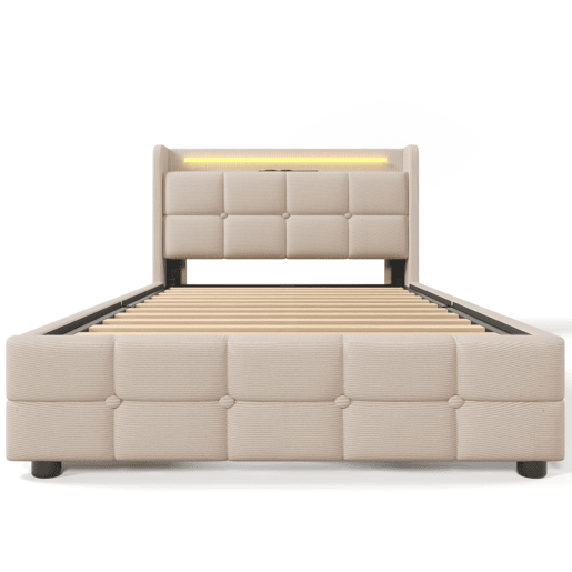 Cama de solteiro de linho 90x200cm com luz LED e 2 gavetas,bege