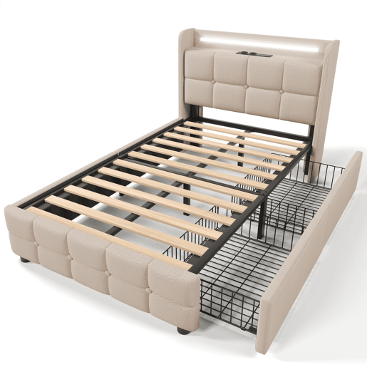 Cama de solteiro de linho 90x200cm com luz LED e 2 gavetas,bege