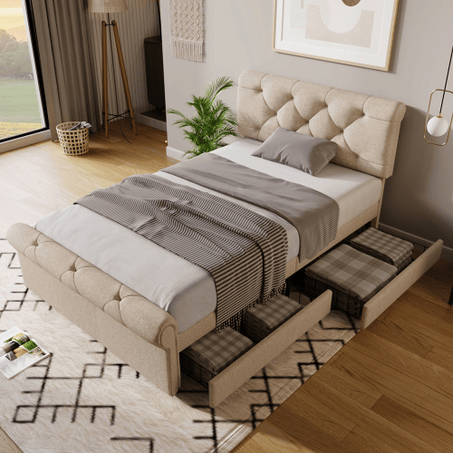 Cama de solteiro de linho 90x200cm com 2 gavetas,natural