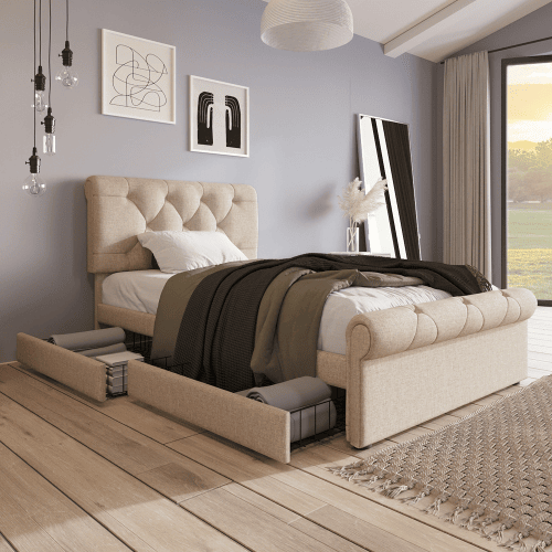 Cama de solteiro de linho 90x200cm com 2 gavetas,natural
