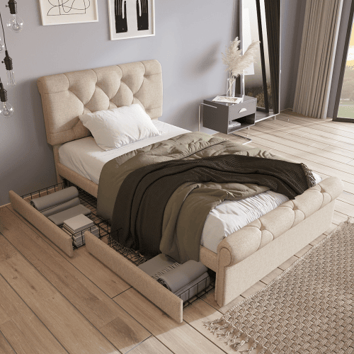 Cama de solteiro de linho 90x200cm com 2 gavetas,natural