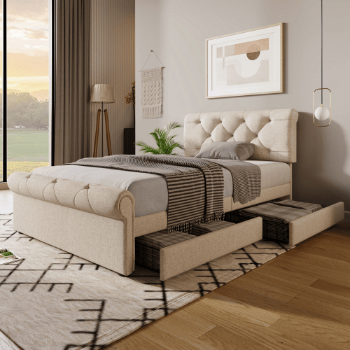 Cama de solteiro de linho 90x200cm com 2 gavetas,natural