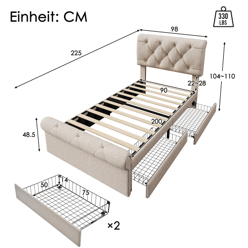Cama de solteiro de linho 90x200cm com 2 gavetas,natural