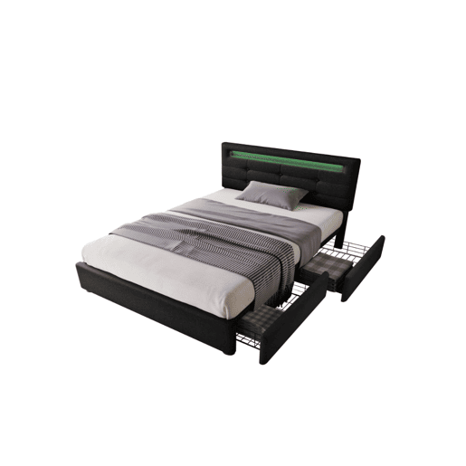 Cama de solteiro de linho 90x200cm com luz LED e 2 gavetas,preto