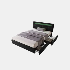 Cama de solteiro de linho 90x200cm com luz LED e 2 gavetas,preto
