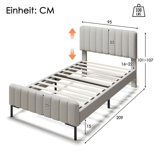 Cama de solteiro de linho 90x200cm com cabeceira ajustável em altura,bege+cinzento