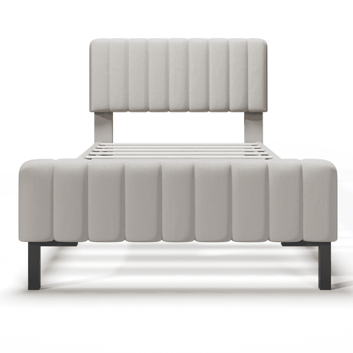 Cama de solteiro de linho 90x200cm com cabeceira ajustável em altura,bege+cinzento
