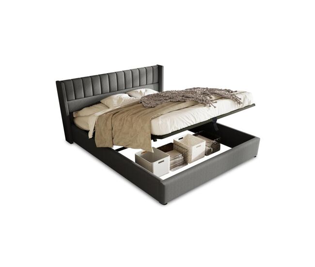 Cama de matrimonio de lino 140x200cm con almacenaje,gris