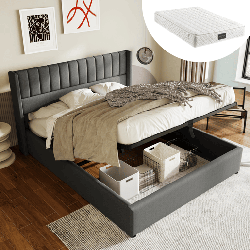 Cama de casal de linho 140x200cm com armazenamento,cinzento Cama de casal de linho 140x200cm com armazenamento,cinzento