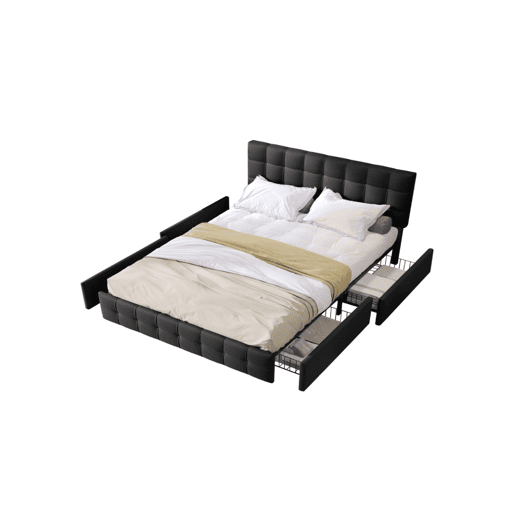 Cama de casal de linho 140x200cm com 4 gavetas,preto