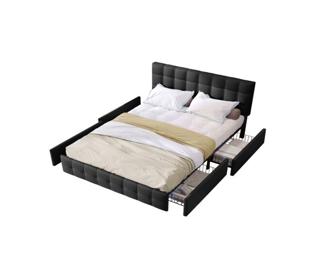 Cama de matrimonio de lino 140x200cm con 4 cajones,negro