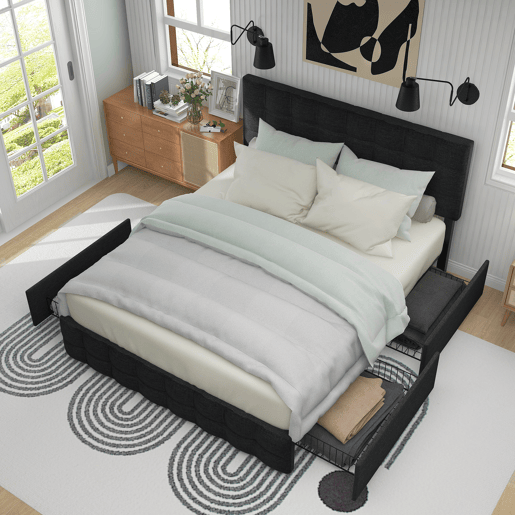Cama de casal de linho 140x200cm com 4 gavetas,preto