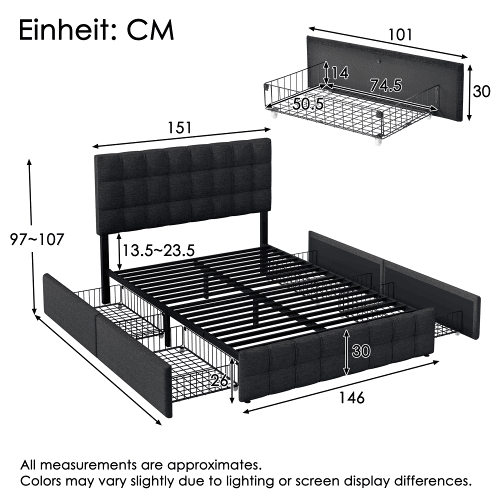 Cama de casal de linho 140x200cm com 4 gavetas,preto