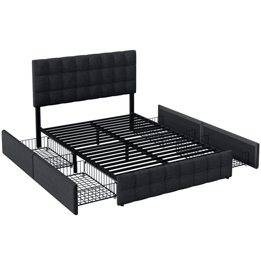 Cama de casal de linho 140x200cm com 4 gavetas,preto