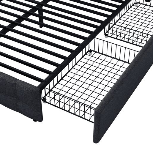 Cama de casal de linho 140x200cm com 4 gavetas,preto