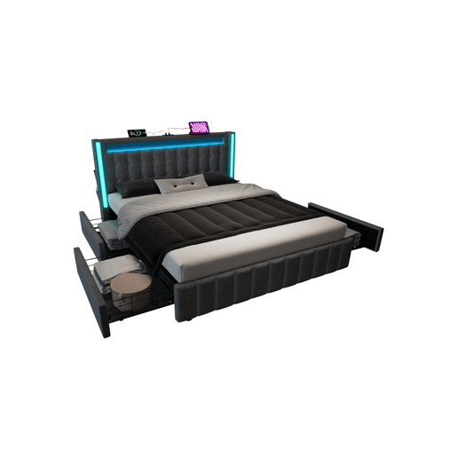 Cama de casal de linho 160x200cm com luz LED,4 gavetas,cinzento