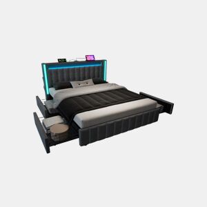 Cama de casal de linho 160x200cm com luz LED,4 gavetas,cinzento