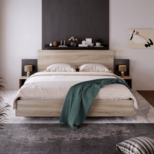 Cama de casal de madeira maciça 160x200cm,madeira+preto