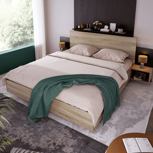 Cama de casal de madeira maciça 160x200cm,madeira+preto