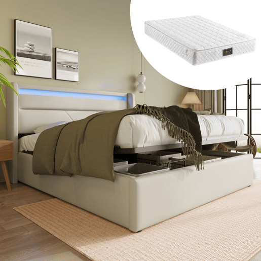 Cama de casal de pu 140x200cm com armazenamento e luz LED,branco Cama de casal de pu 140x200cm com armazenamento e luz LED,branco
